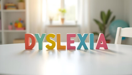 Dyslexia spelled with wooden letters on table symbolizing reading difficulty awareness and neurodivergent support