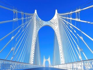 Fototapeta premium Modern suspension bridge with white steel cables and blue sky background