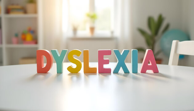 Dyslexia spelled with wooden letters on table symbolizing reading difficulty awareness and neurodivergent support - Powered by Adobe