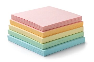 Stack of colorful pastel sticky note pads on white background with soft shadow