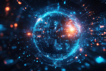 Obraz premium A sphere with glowing lights against a blue background.