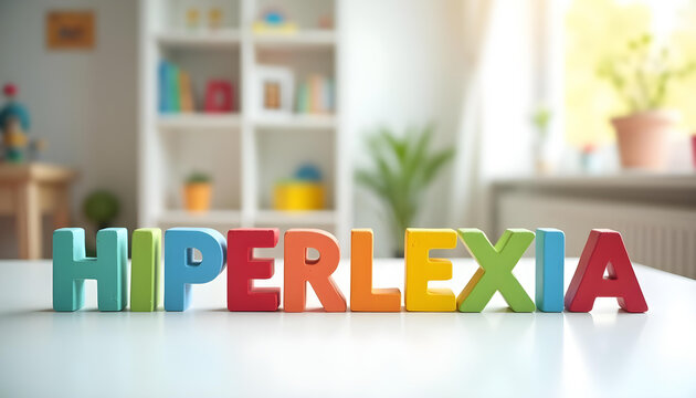 Hiperlexia word in Portuguese created with wooden letters representing hyperlexia awareness and neurodivergent identity