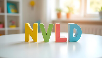 NVLD acronym in wooden letters representing nonverbal learning disorder support and neurodivergent identity