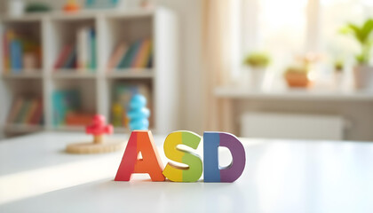 ASD plastic letters on table symbolizing autism spectrum disorder identity support and inclusive development