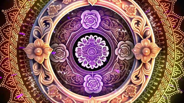 A beautifully intricate mandala design featuring floral patterns and ornate details in a circular arrangement.