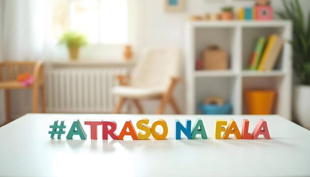 Atraso na fala in Portuguese formed with toy letters representing speech delay awareness and inclusive communication