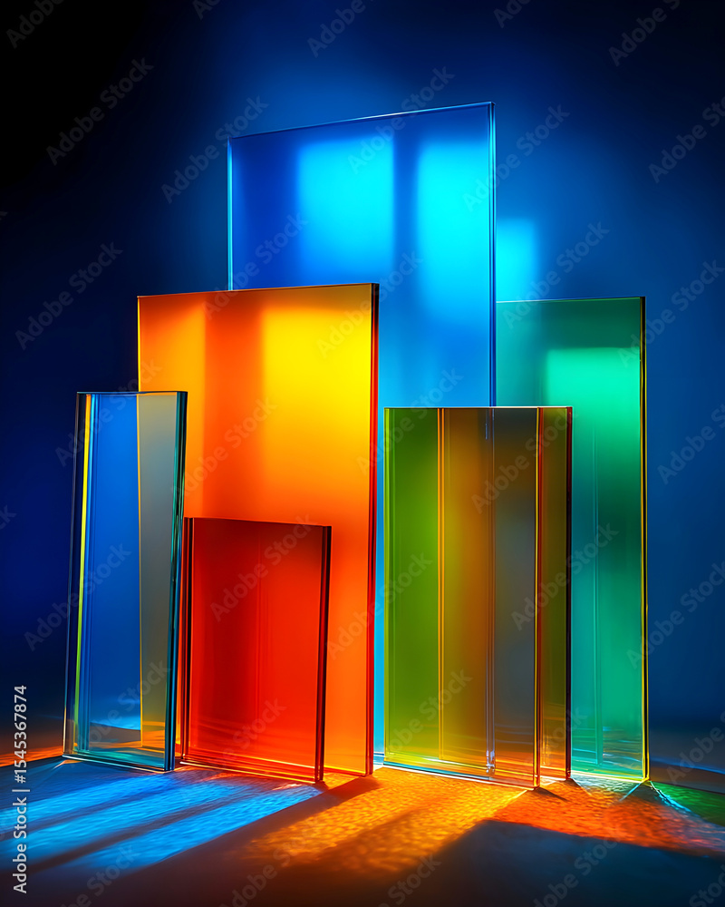 Poster colorful glass panels in various shapes and sizes are illuminated by vibrant lighting, creating a st