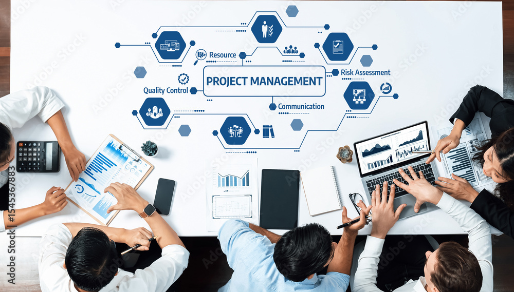 Aufkleber a diverse team engages in a productive project management meeting, utilizing charts, laptops, and do