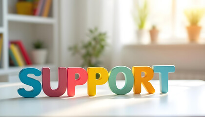 Support spelled with wooden letters symbolizing care inclusion and learning assistance for neurodiverse individuals