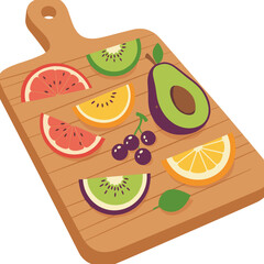 Colorful fruit slices arranged on wooden cutting board  