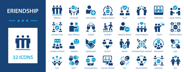 Friendship icon set. Friends, support, socialize, friendly, best friends, cheers, trust, presentation, feedback.