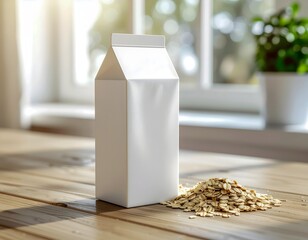 Oat Milk Carton with Oats on Wooden Table