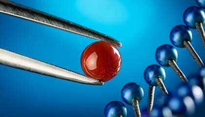tweezers holding a red bead near a blue beaded spiral on a blue background representing gene editing