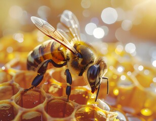 Honeybee on Honeycomb Dripping with Honey