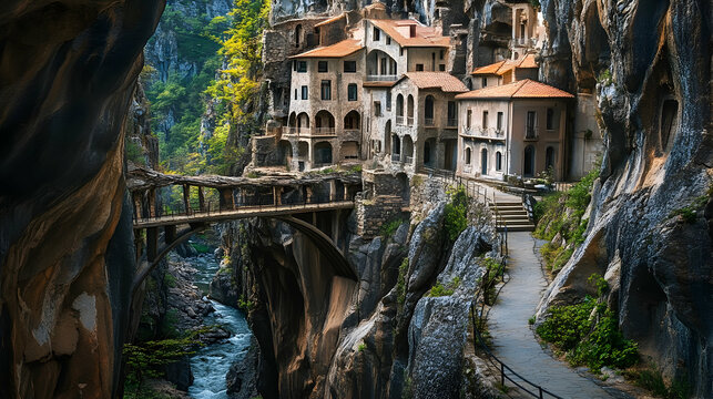 Ancient cliffside village with bridge spanning rocky gorge