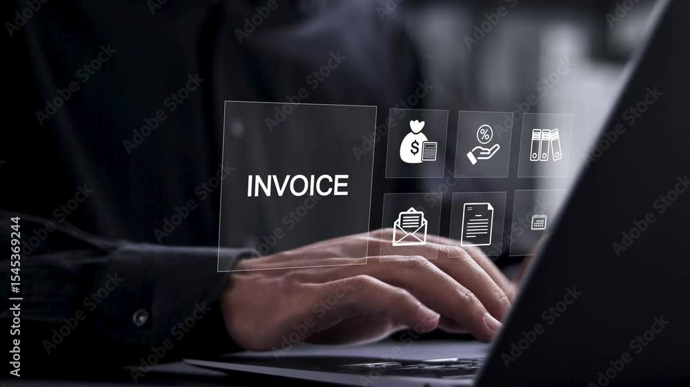 Poster invoice and online digital statements concept. businessman using laptop with invoice icons on virtua