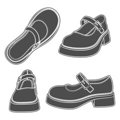 Set of black and white illustrations with women shoes. Isolated vector objects on white background.