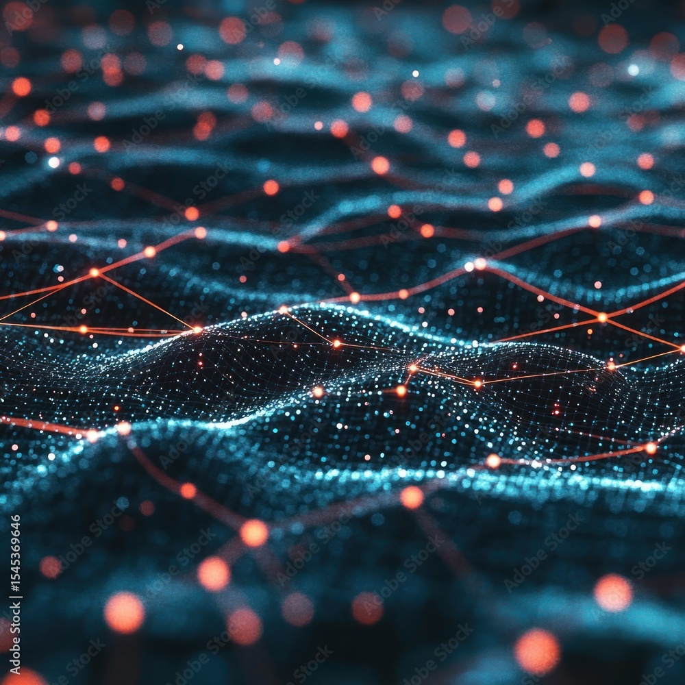 Poster abstract data visualization. complex network of interconnected points and lines, in shades of blue a