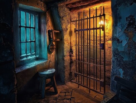 Eerie dungeon cell with rusty bars and dim lantern light.