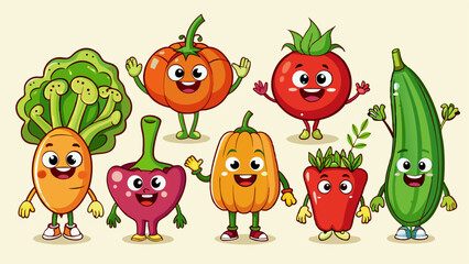 Cute Cartoon Vegetable Characters: Pumpkin, Tomato, Carrot, and More