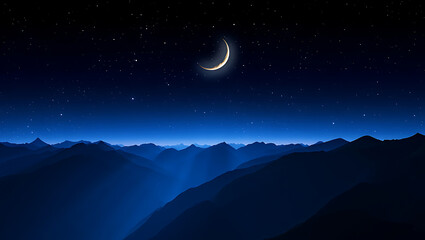Fototapeta premium Crescent moon over dark blue mountain range at night, starry sky