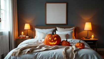 Bedroom in white, blank white frame, written space, Halloween decor, pumpkin on a bed. Spooky Halloween bedroom interior, large carved pumpkins resting on a white bedspread, plush pillows