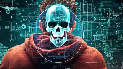 Cybersecurity threatening hacker visualized with skull overlay and digital world map - Powered by Adobe