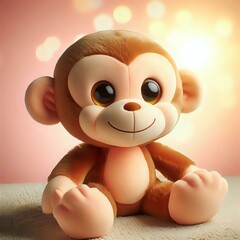 A cute, fluffy monkey toy with a smiling face, sitting on a soft surface with a soft, pink background and a blurred, bokeh effect in the background.