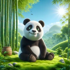 A cute, cartoonish panda bear sitting in a lush, green bamboo forest with a sun shining brightly overhead.