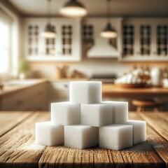 A pyramid of sugar cubes on a wooden table in a kitchen setting, with a blurred background of a kitchen with white cabinets and a window.