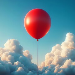 A red balloon floating in the sky with a blue sky and fluffy white clouds as the background.