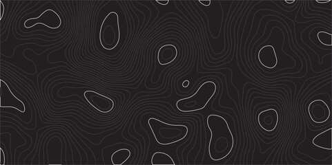 Create a vector illustration featuring an abstract topographic map pattern. The background should be a solid, very dark gray or near-black color. Overlaid on this background are numerous thin.