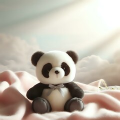 A cute panda bear sitting on a pink blanket with a soft, fluffy texture, surrounded by clouds in the background, with a soft, dreamy light filtering through the clouds.