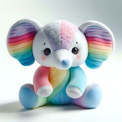 A colorful, plush toy elephant with rainbow-colored ears and a pink face, sitting on a white surface with a soft, blue base.