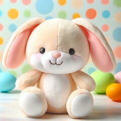 A cute, beige and white bunny plush toy with pink ears and a pink nose, sitting on a colorful polka dot background with various colored eggs.