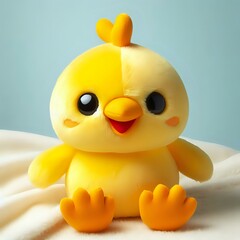 A cute, yellow, fluffy chick with a small, round head, big black eyes, and a small, round beak, sitting on a white blanket with a blue background.