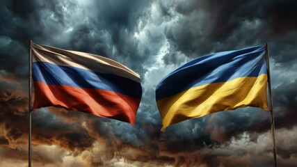 Russian and Ukrainian flags waving side by side dramatic storm clouds conflict concept geopolitical tension diplomacy peace war symbolism powerful contrast