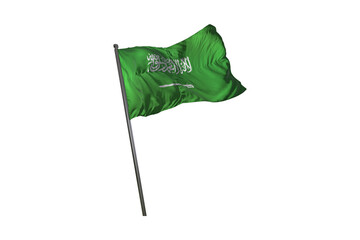 Realistic waving saudi arabian flag on a pole against a dark black background