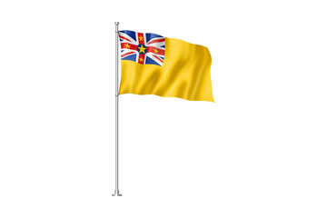 Realistic waving flag of niue against a black background depicting national pride and celebration