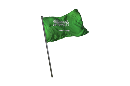 Realistic waving saudi arabian flag on a pole against a dark black background