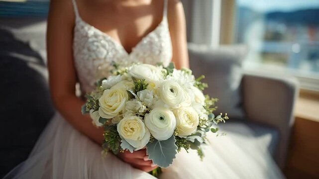Bride in tulle gown holds a round bouquet with fresh cream roses, delicate ranunculus, and dusty miller leaves, warm sunlight streaming in behind her
