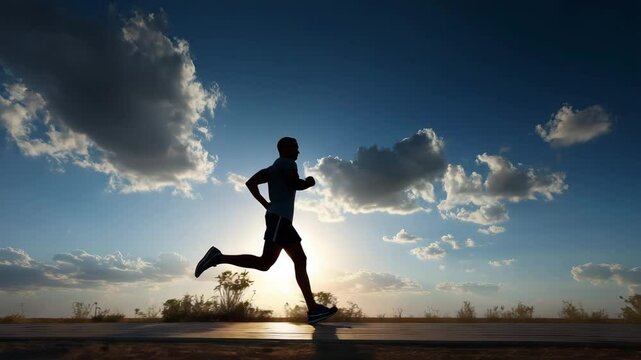 Silhouette of athletic man running outdoors during sunset with dramatic sky and scattered clouds symbol of health freedom and determination in natural landscape