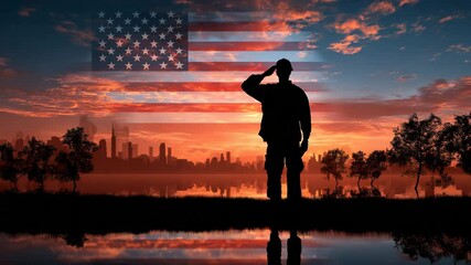 Silhouette of soldier saluting with American flag overlay at sunset patriotic scene with city skyline trees and reflection in water symbol of honor service and national pride - Powered by Adobe