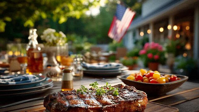 Backyard barbecue celebration with grilled food and American flag perfect for Independence Day Memorial Day or Labor Day family gathering festive summer atmosphere outdoor party
