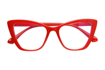 Stylish red cat eye glasses isolated against a solid black background for design