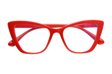 Stylish red cat eye glasses isolated against a solid black background for design