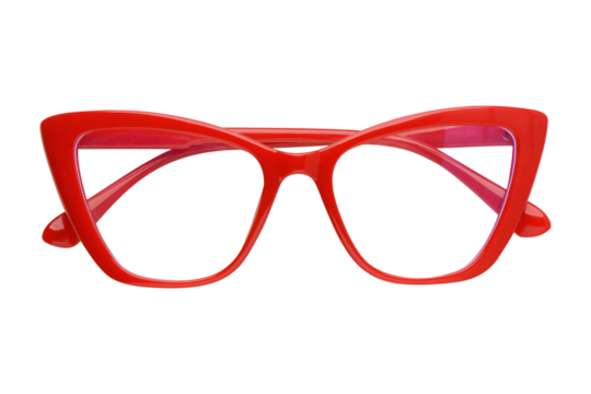 Stylish red cat eye glasses isolated against a solid black background for design