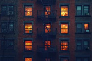 Naklejka premium Fire consumes apartment windows, flames billowing in the night.