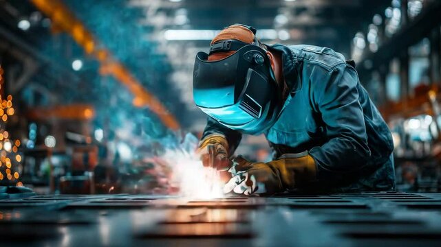 Industrial welder in protective gear working with sparks and bright light in factory workshop manufacturing metal welding engineering industry	