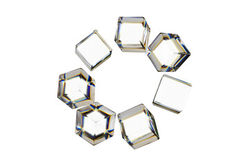 Sparkling cubes arranged in a circular formation displaying reflections and light play on black background